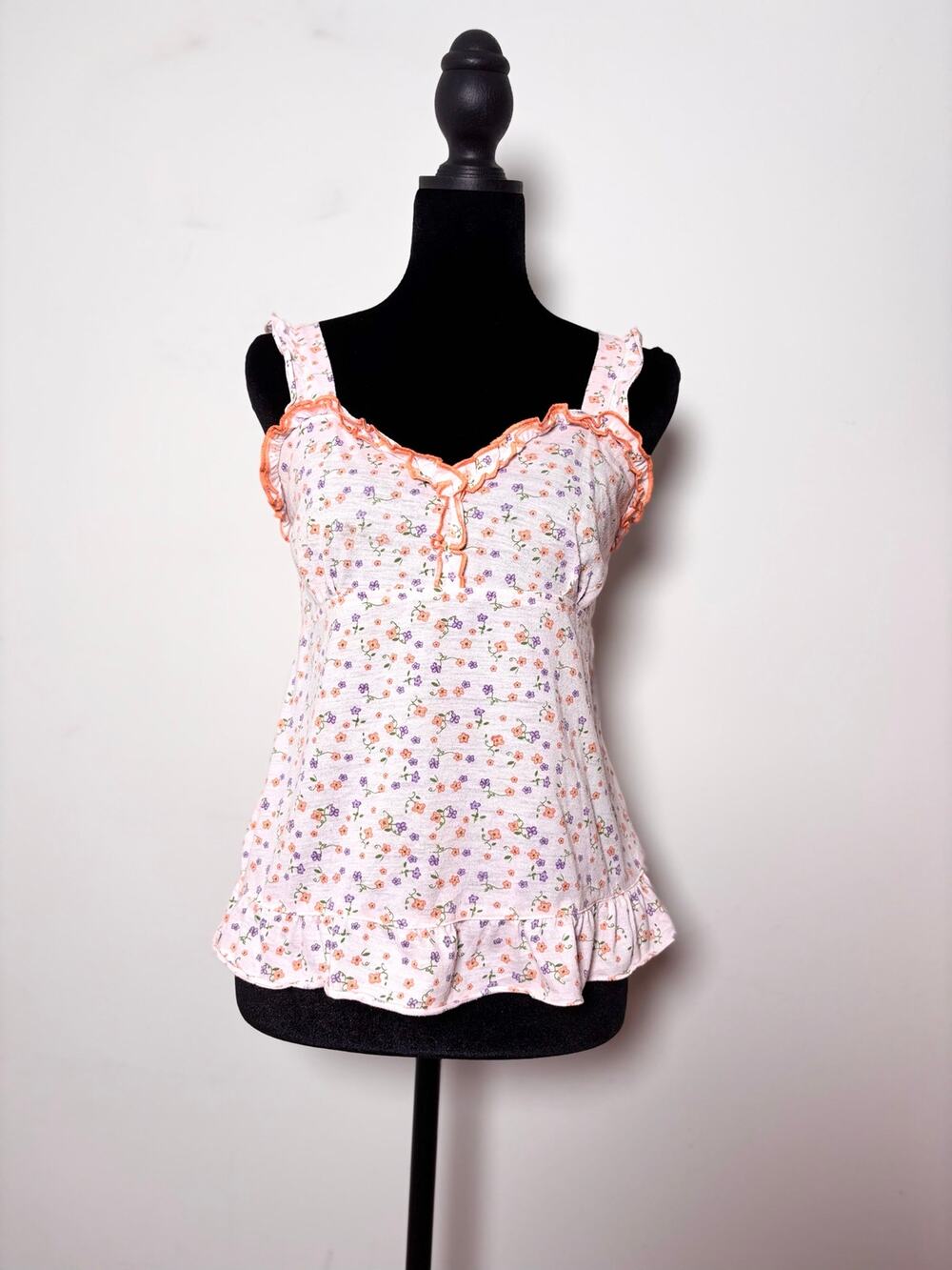 Vtg Y2K City Girl White Ditsy Floral Print Orange Contrast Ruffle Trim Tank Top